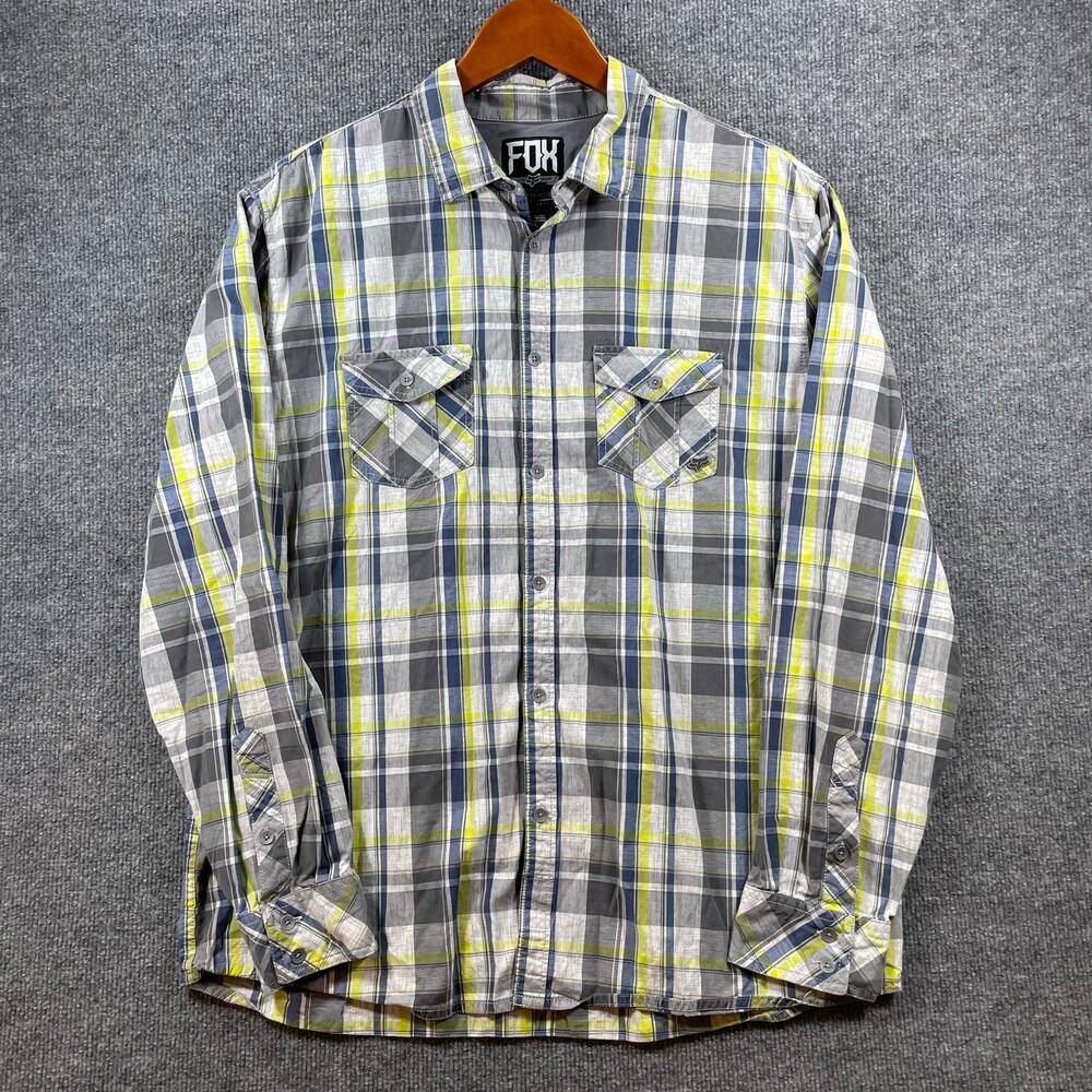 Fox Created To Destroy Button Up Shirt Men's XL Gray/Yellow Plaid Metal Buttons